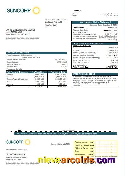 Australia Suncorp bank mortgage statement